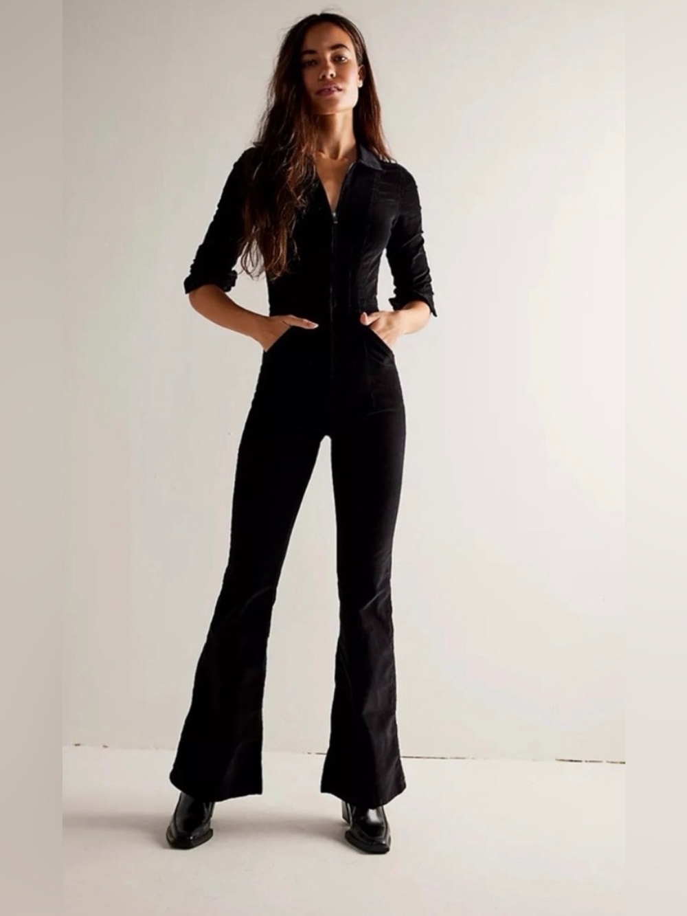 We The Free Jayde Black Long Sleeve Zip-Front Jumpsuit